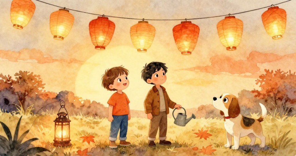 庭院中燈籠低懸成弧，Riley與Evan滿足對望，Maple好奇凝視倒掛水壺裡的燈籠，夕陽下洋溢著溫馨與完成感。