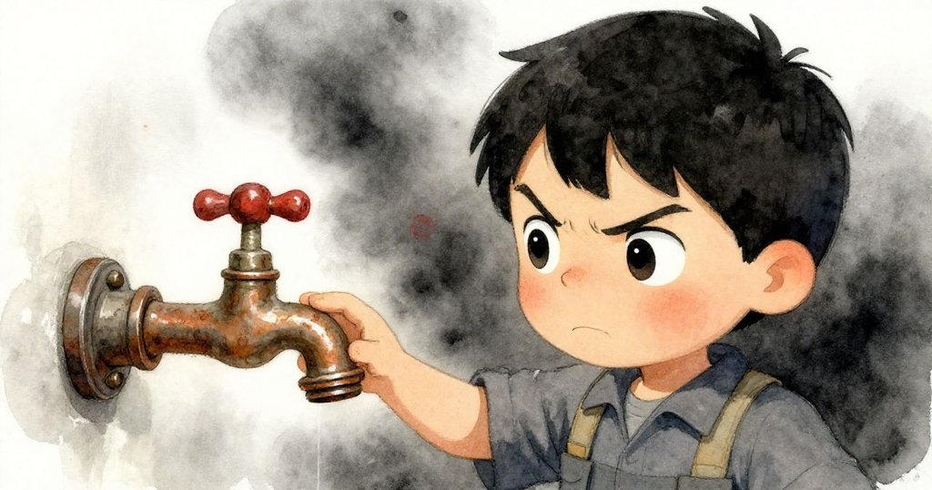 Leo面部特寫中眉頭微皺,仔細檢查帶有綠色污漬的銅水龍頭,背景透出微光,表情中充滿疑惑與決心。