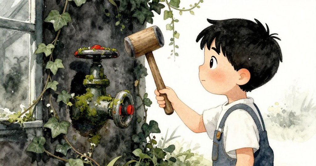 從背後看見Leo彎腰握著破舊木槌,專注地撬開藤蔓遮掩的狹窄閥門,充滿決心與堅毅。