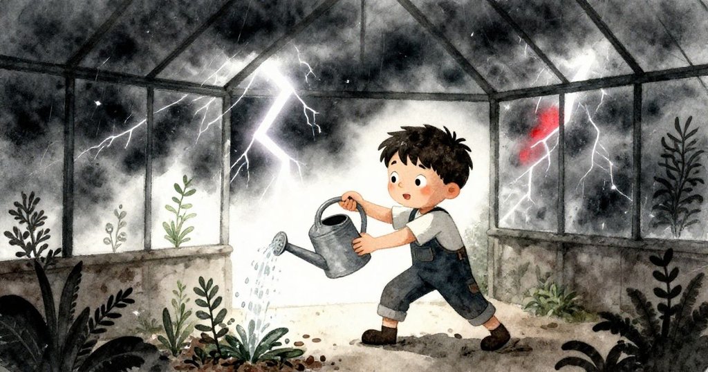 在暴風雷鳴下,Leo忙著調整破裂澆水壺,水流潑出滋潤枯萎的香草,溫室內氣氛隨時間轉變。