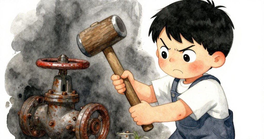 Leo用力敲擊木槌對付頑固閥門,面部與手部細節刻畫出他的掙扎與焦急,深沉光影襯托內心世界。