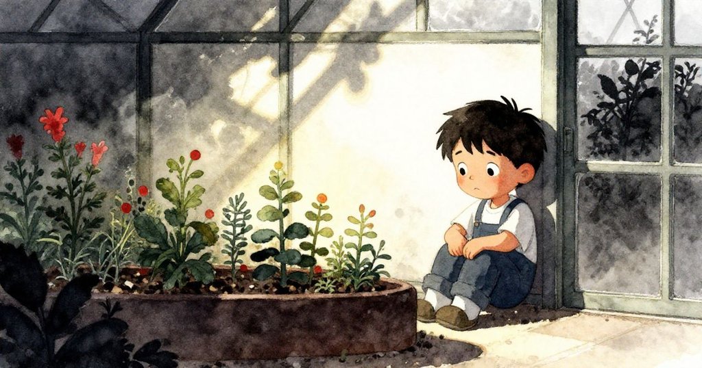 Leo依靠在溫室角落欣賞恢復生機的香草床,疲憊中流露滿足與安詳,溫暖金光中透露解決難題的喜悅。