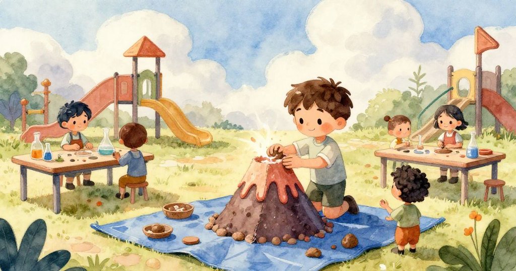 Darius的手在近拍中擦拭手工火山模型上的黏土,細節豐富,表現出他認真準備實驗的專注神情。