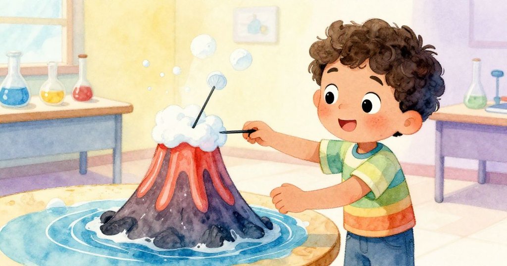 Darius按下火山模型開關,觀察儀器指針微動與泡沫初現,層次分明,表情既期待又帶一絲失望。