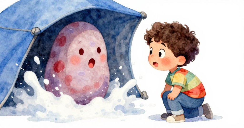 Darius蹲下觀察藍布下冒出的泡沫中露出的石像,表情驚訝專注,動作輕柔,背景中現出木板與柔光。