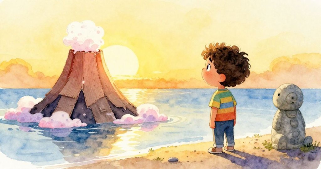 Darius在夕陽下靜觀倒塌的火山模型與池中粉紅泡沫,石像守望著實驗痕跡,表情沉思而溫暖,環境寬廣。