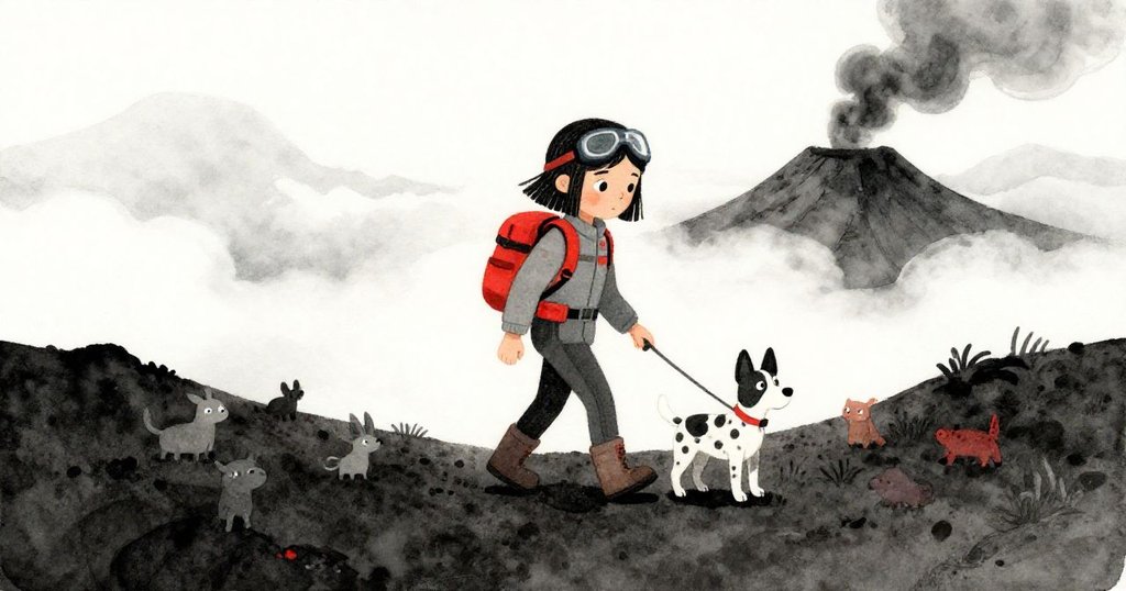 Nora牽著Tig走在火山灰斜坡上，眾多小生物和低雲環繞，展現冒險與期待情緒。