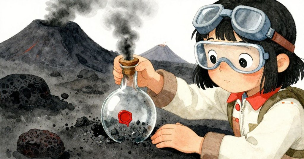 Nora小心撥開火山灰中嵌入的玻璃瓶，露出厚蠟瓶塞，背景呈現火山岩質感，神情充滿期待。