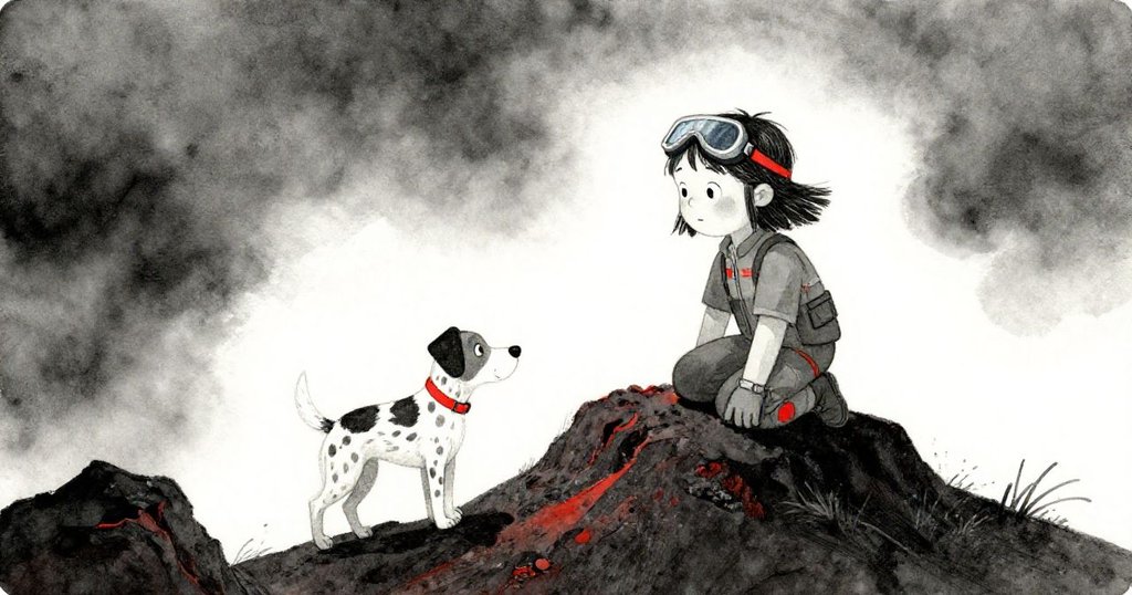 Nora蹲在傾斜火山脊上調整姿勢，Tig則迅速巡視不穩地面，展現堅毅與緊張動作。