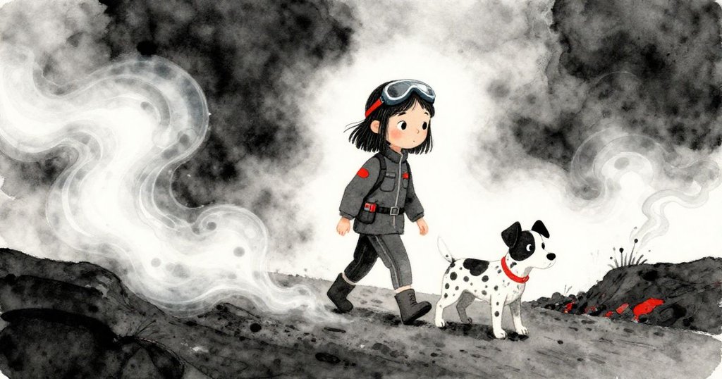 Nora與Tig在火山口冒出的透明蒸氣中行走，蒸氣如流水般環繞，場景詩意神秘。