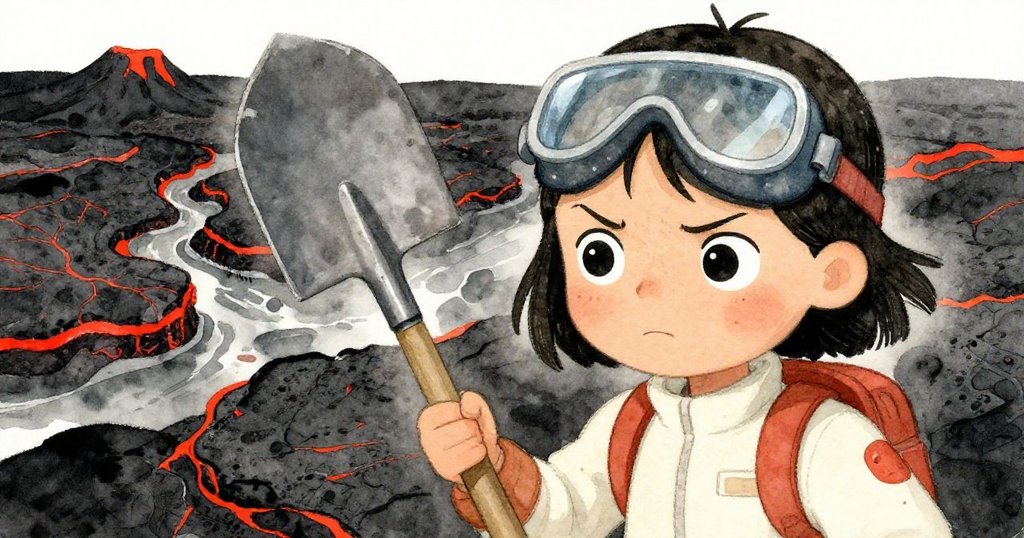 Nora專注凝視前方，手握金屬鏟，面部表情流露內心掙扎與堅定，背景是搖晃的熔岩。