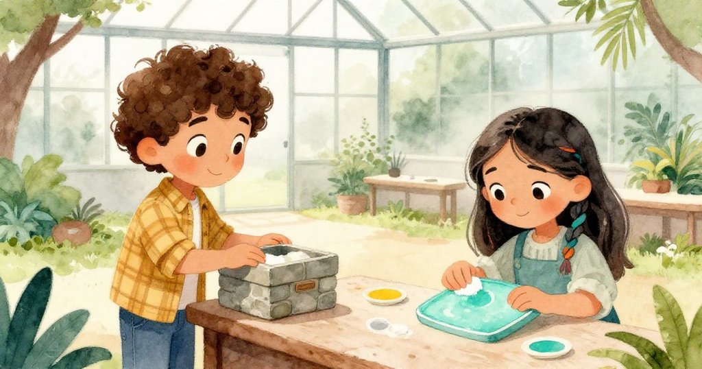 Mateo與Lila在校園溫室後的工作臺前動作忙碌,晨霧中展現探索石盒的好奇與溫暖情緒