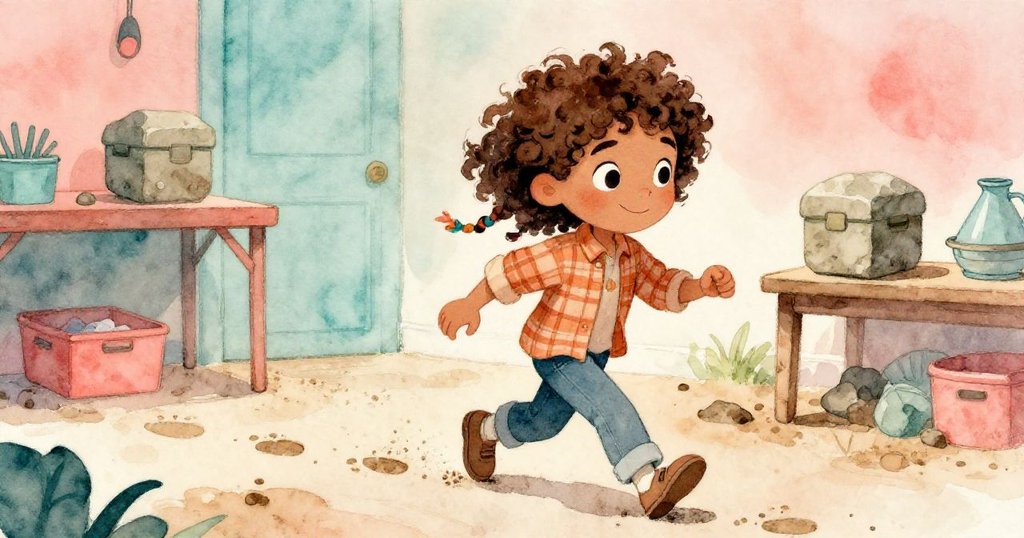 Lila堅定邁步在塵土中,Mateo穩妥支撐石盒,展現校園工作臺間充滿活力與期待的探索情緒