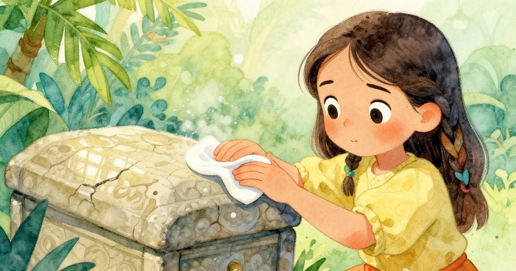 Lila專注輕拭石盒裂痕上的塵埃,特寫手部細節與溫室反光營造出細膩發現情感