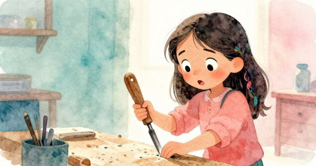 Lila在工作臺旁驚訝看著滑落的凿子,回憶中散落工具與溫暖燈光混合呈現出懷舊與探索情緒