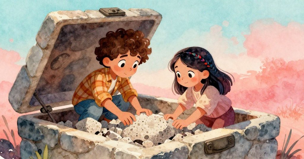 Mateo與Lila在打開的石盒前交換驚奇目光,探查粗糙浮石,呈現探索之旅完整結局與滿足情緒