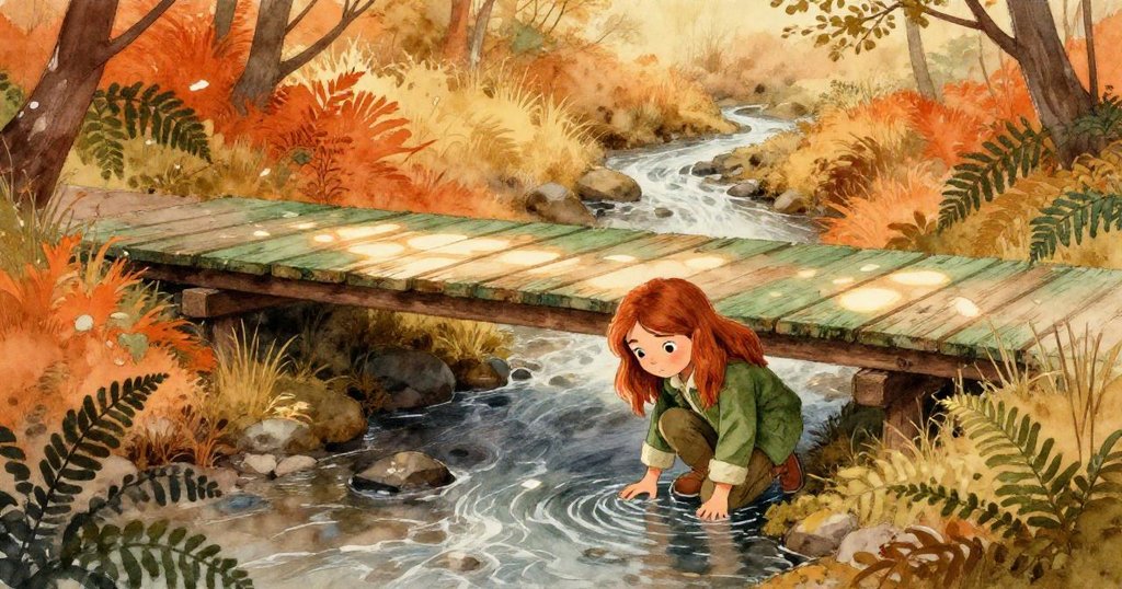 Tamara在傍晚木製步橋上認真測量溪流深度，藍綠風化木板和流水環繞，表情專注且充滿探險精神。