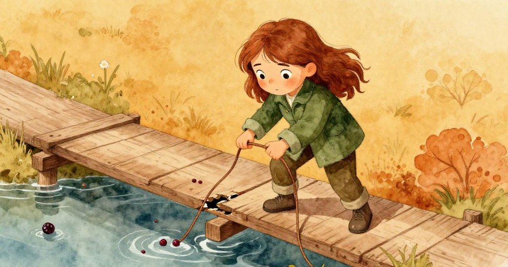 Tamara急忙調整三腳架，於破損木板旁綁繩並灑下莓果，表情緊張卻充滿機智，展現堅毅與創意。