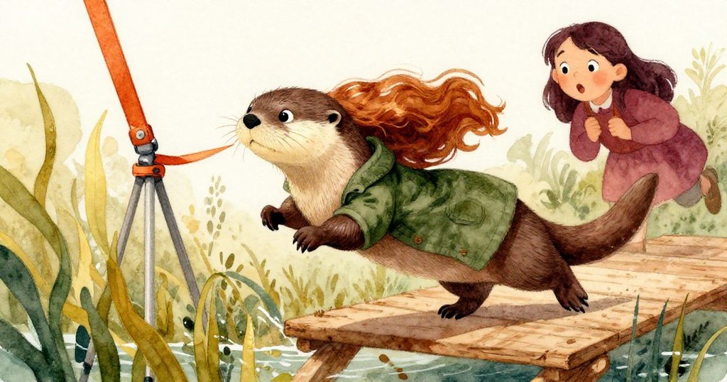 一隻俏皮水獺奮力躍起，在水草間叼走橘色肩帶，Tamara驚訝表情清晰，動感畫面充滿生氣。