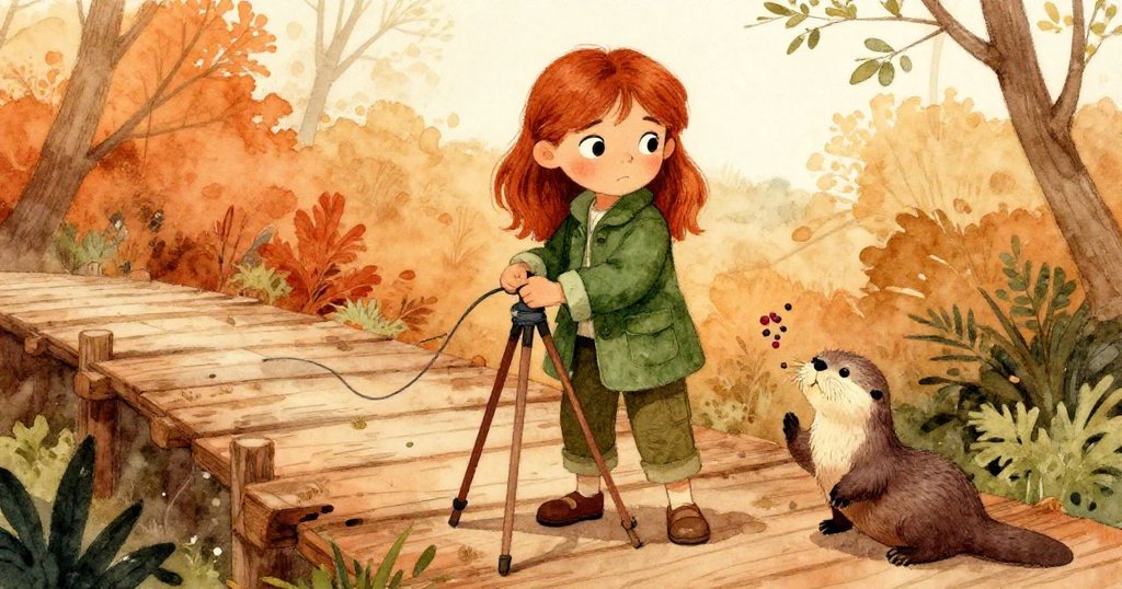 Tamara沉著穩定三腳架，靈活用繩綁住器材並灑下莓果吸引水獺，神情堅定與果斷，展現機智。