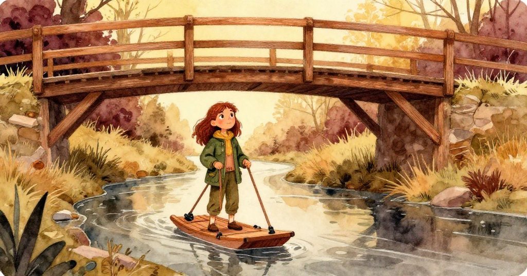 黃昏中，三腳架穩靜漂浮於靜溪下，老橋映襯柔光，Tamara在遠處流露安心與成功的喜悅。