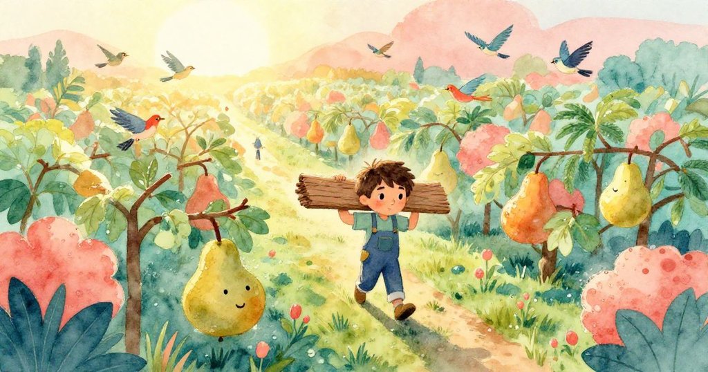 Felix在清晨梨園中肩扛木板，露珠閃爍，鳥兒飛舞，神情專注，展現故事開始的溫暖氛圍。