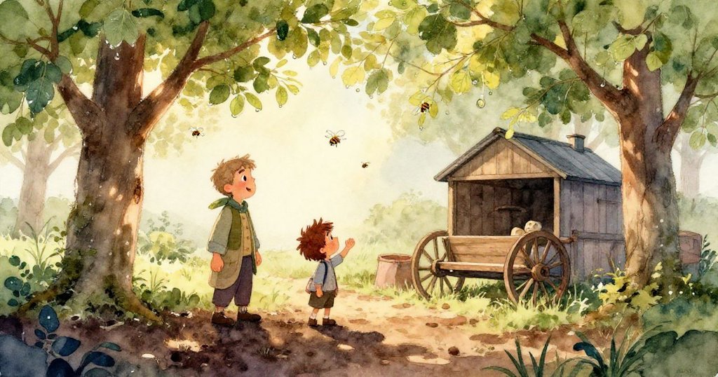 Felix用髒手認真放置光滑小石，背景濕潤草地細節豐富，表情專注，呈現堅定修補結構的決心。