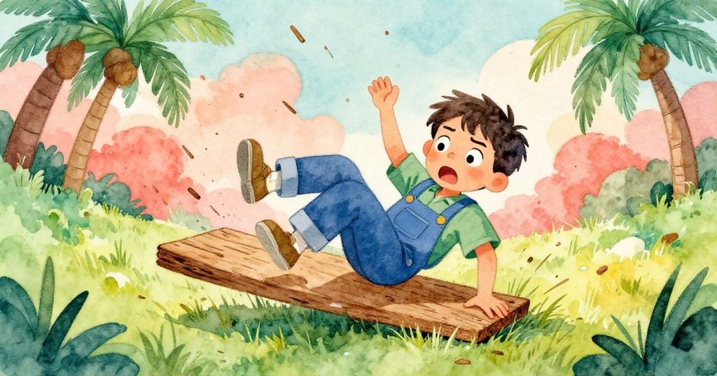 Felix在濕草地上嘗試抓住滑動木板，樹皮飛散落下，表情驚訝帶些沮喪，動態視角展現緊湊情節。