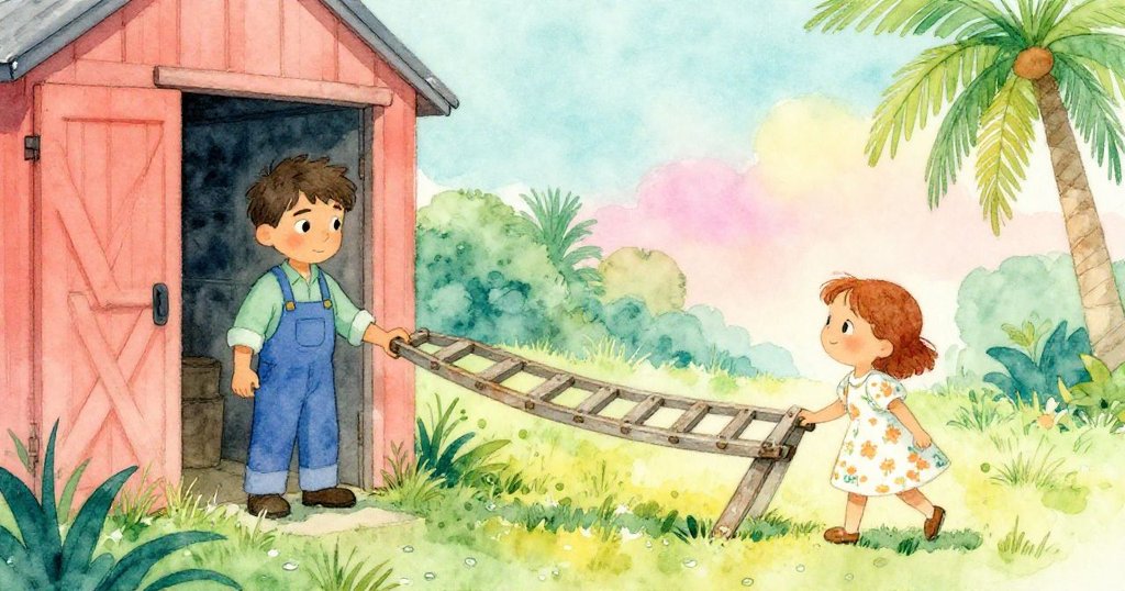 Rosa在小屋門口靜靜觀察Felix拉動老梯子，草地上露珠閃爍，雙方神情互補展現合作與堅持。