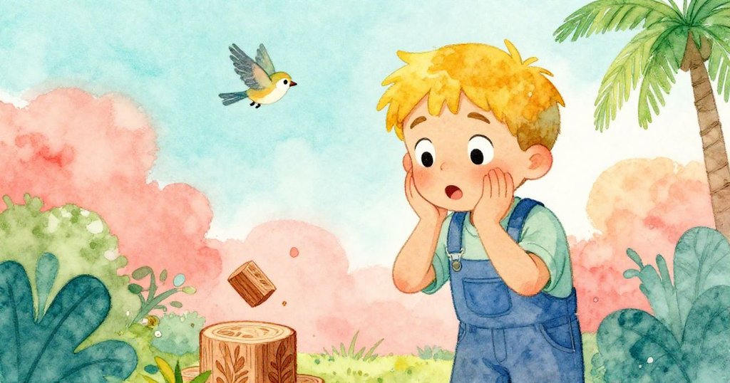 Felix停下腳步驚喜發現精美葉紋雪松塊，小鳥掠過草地，神情充滿好奇與驚奇，展現故事轉折瞬間。