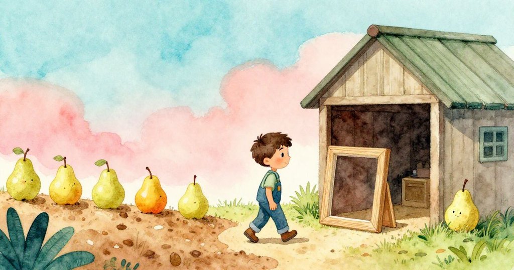 Felix帶著滿足與希望的神情走向小屋，穩固的結構讓梨子升離濕土，整個場景充滿溫暖與未來期待。