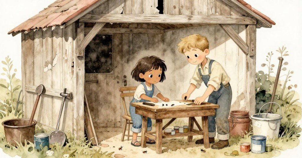 在老木棚裡，Nia和Luis忙碌移動工作台，周圍小昆蟲湧動，懷舊光線映照出溫暖熱鬧氛圍。