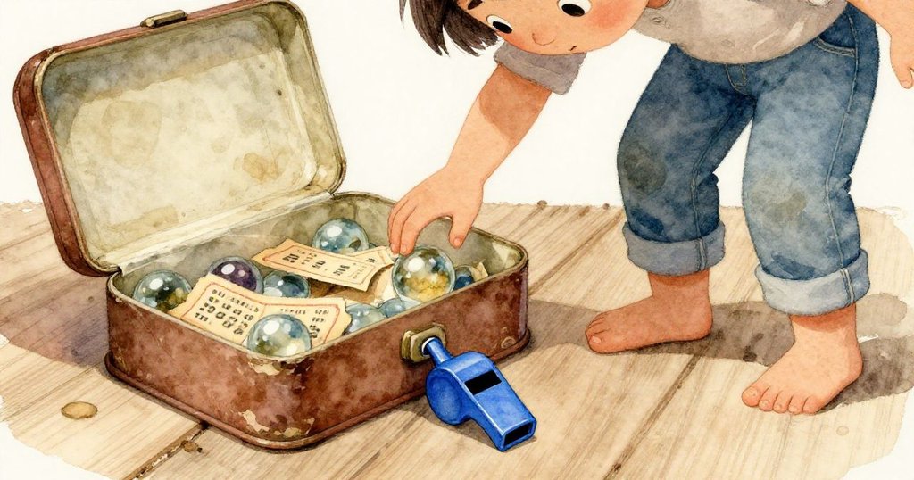 Nia興奮發現生鏽鐵盒，盒中閃耀玻璃彈珠、票根及藍色口哨，溫柔光線中展現神秘驚奇。