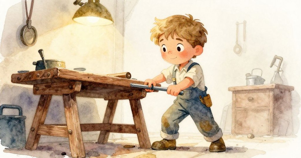 Luis從低角度努力撬動沉重工作台，堅毅神情在暖光中展現出奮鬥與勇氣。