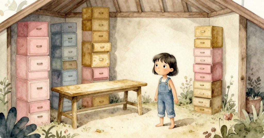 Nia在超現實錯位空間中堆疊抽屜，變形的工作台與交錯幾何線條營造夢幻氛圍，充滿專注與不確定。