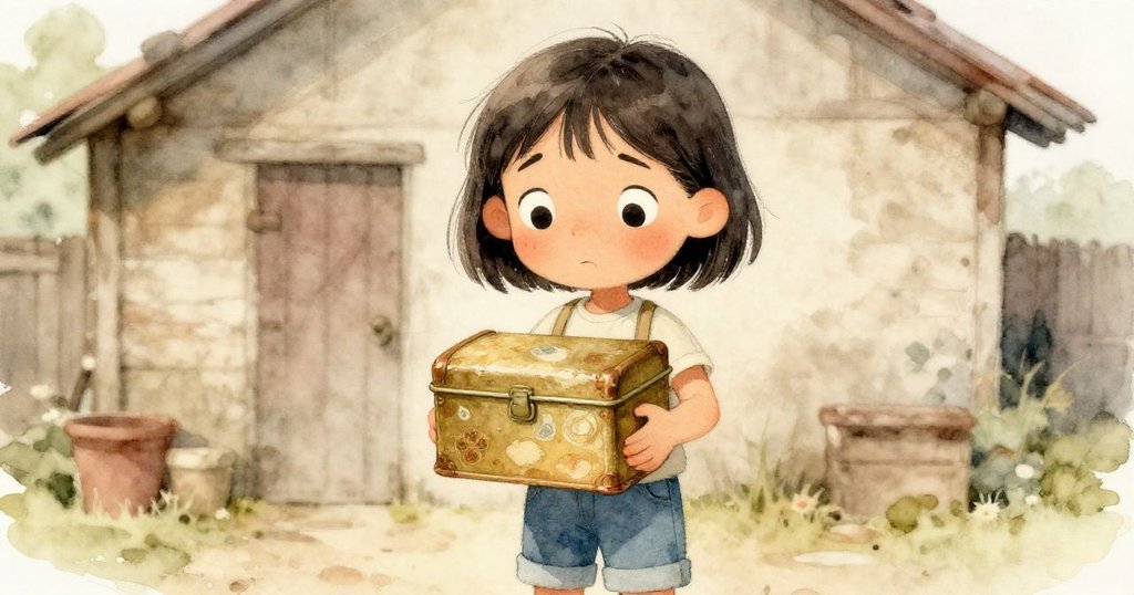 Nia近照中神情矛盾捧著生鏽鐵盒，背景隱現木棚工具，展露懷舊與猶豫的複雜情感。