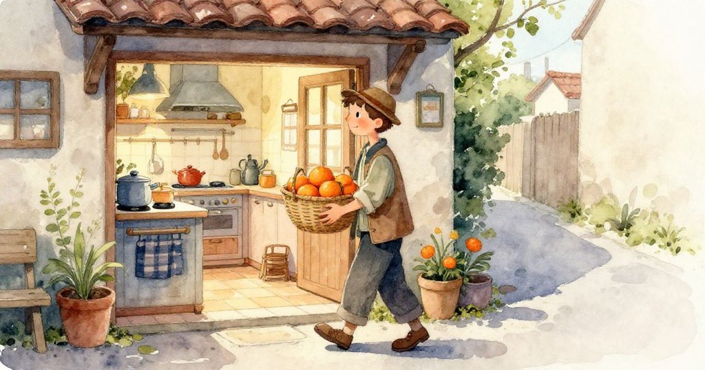 Sam手持的籃子細節被放大展示，編織紋理、橘汁痕跡與葉片清晰可見，充滿溫暖質感。