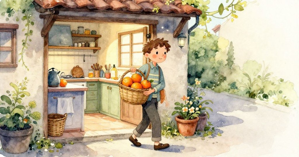 鳥兒視角下，草地上紙片隨風漂浮，橘子自由滾動，遠處可見忙碌的Sam身影，場景生動活潑。