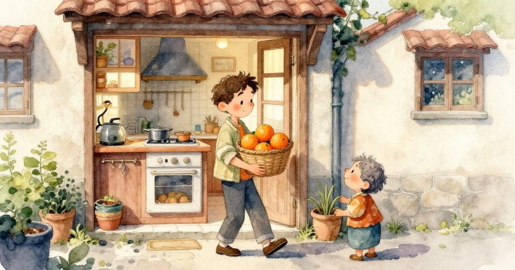 戶外明亮場景中，橘子在草坪上滾動穿過木門，充滿自然與鄉村風情，場景開闊溫暖。