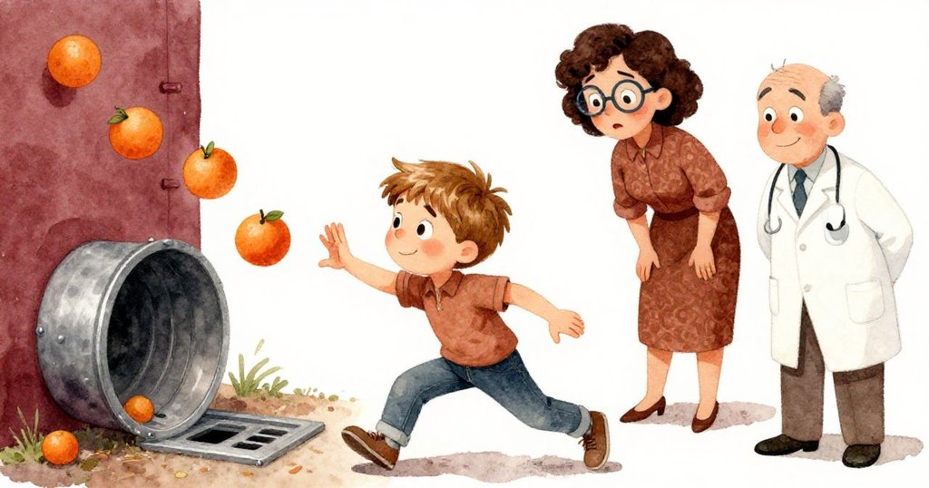 在急迫時刻，Sam奮力奔向金屬排水口擋住橘子，老師與醫生焦急旁觀，氣氛緊張充滿動感。