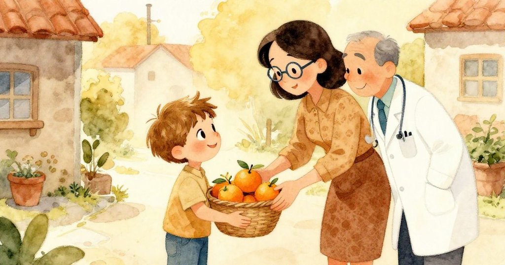 Sam與老師、醫生互相交換橘子，將散落果實收回籃中，三人臉上洋溢和解與愉悅，鄰里氛圍溫馨。