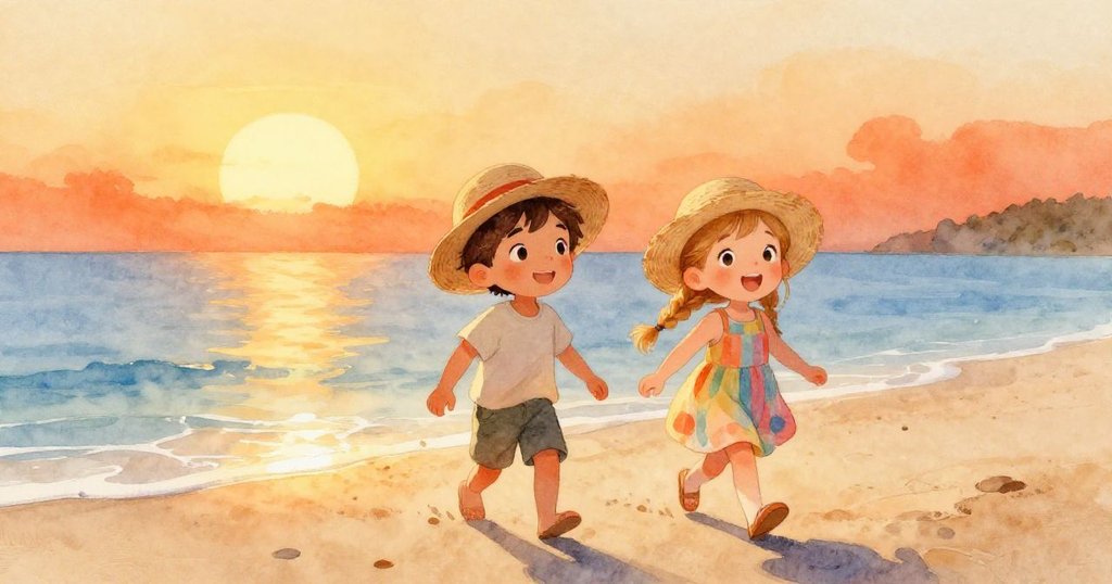 Liam與Zoe在晨曦中歡喜走向海灘，輕風拂面，沙灘與海浪映出暖色光輝與活潑情緒。