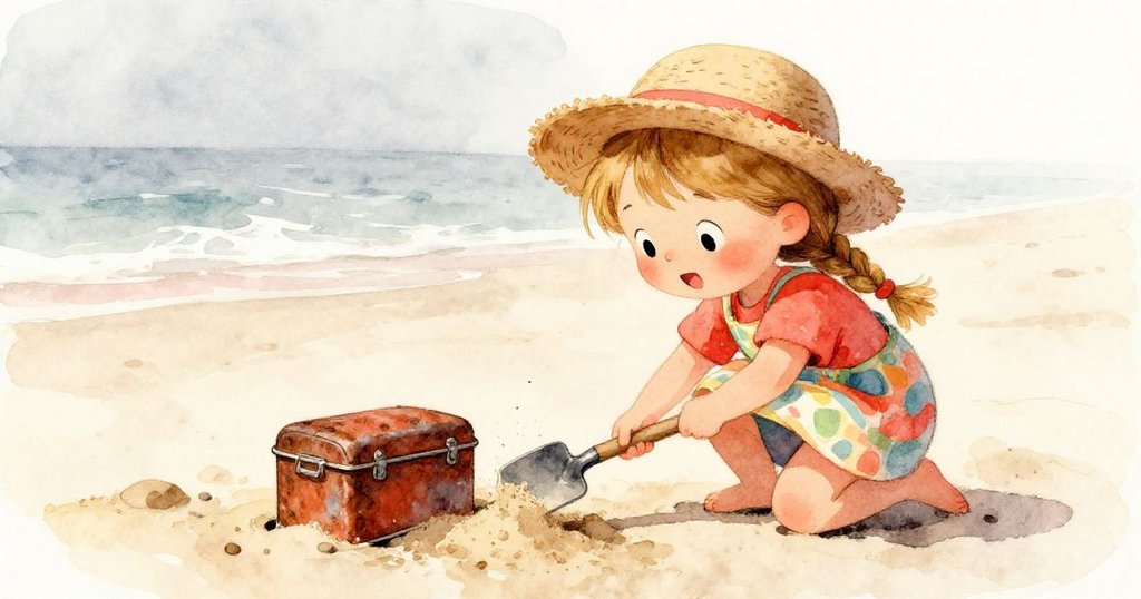 Zoe彎腰挖沙，驚喜發現生鏽鐵盒，快樂與好奇在海邊明亮日光下展現。