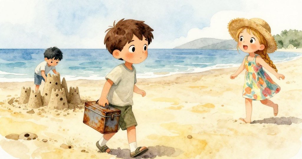 Liam背影明顯攜帶鐵盒，高舉過肩視角映出決心，遠處Zoe指引沙堡重建，氣氛溫暖。