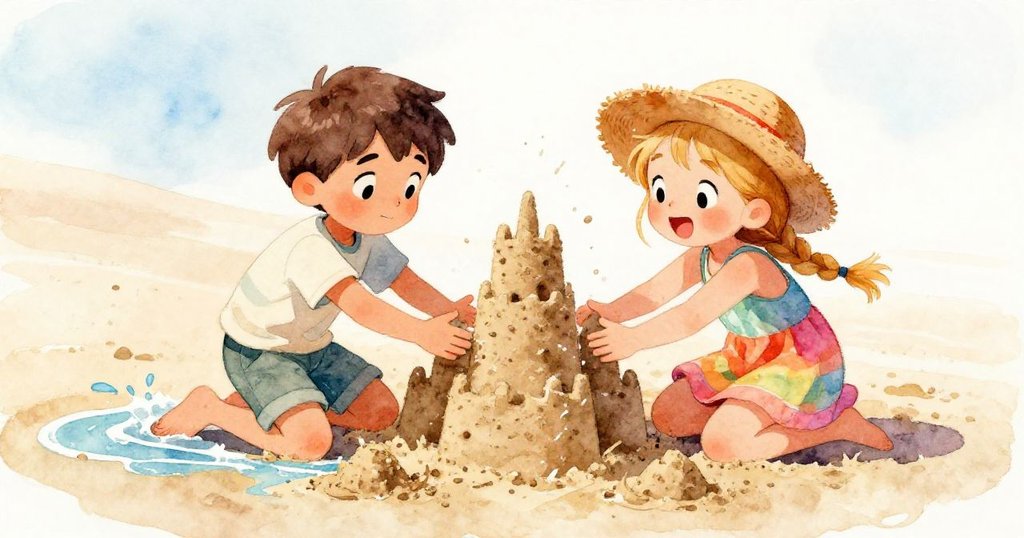 Liam與Zoe齊心協力砌城堡，濕沙堆砌的牆壁與潮水嬉戲，陽光下展現團結與活力。