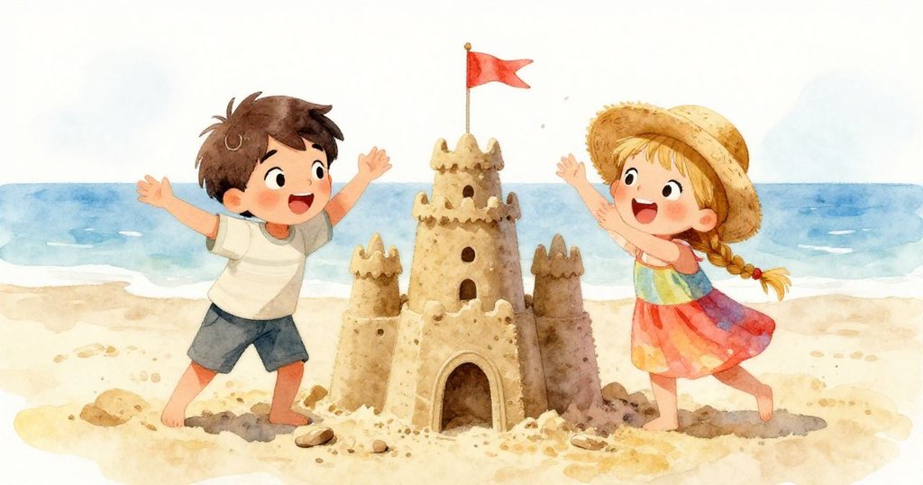 Liam與Zoe滿臉笑容慶祝沙堡重現，鮮豔絲帶在塔頂翩翩飛舞，場景洋溢歡樂與希望。