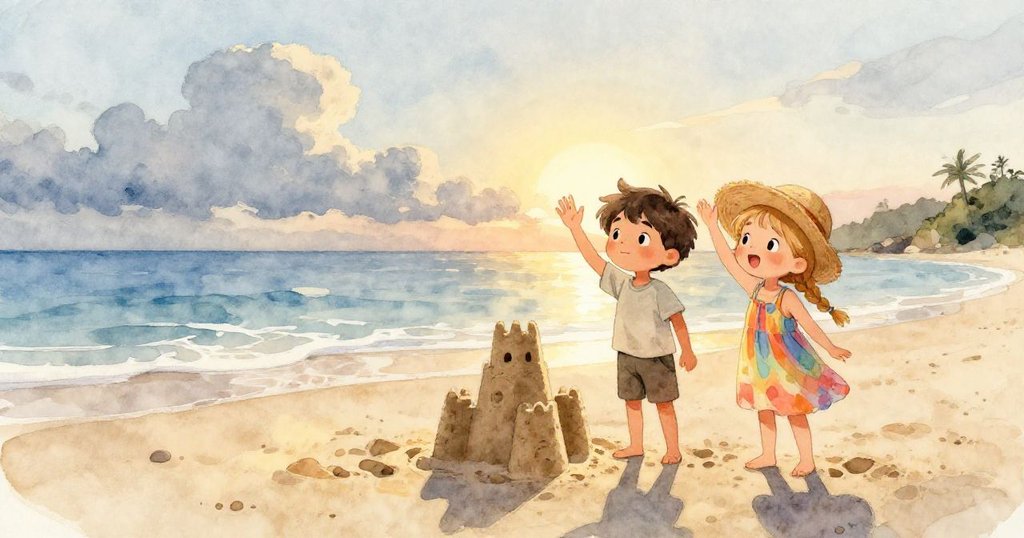 Liam與Zoe在夕陽下向沙堡告別，輕波退潮中展露溫馨離愁，期待未來再聚。