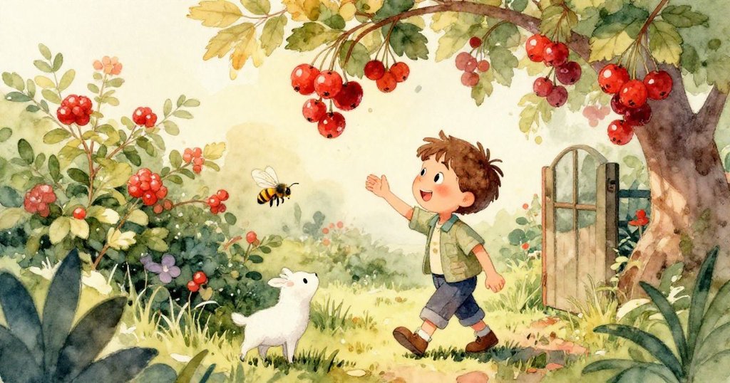 米洛輕輕捧著一串閃著露珠的紅莓，手部細緻展現對大自然寶藏的驚喜探索。