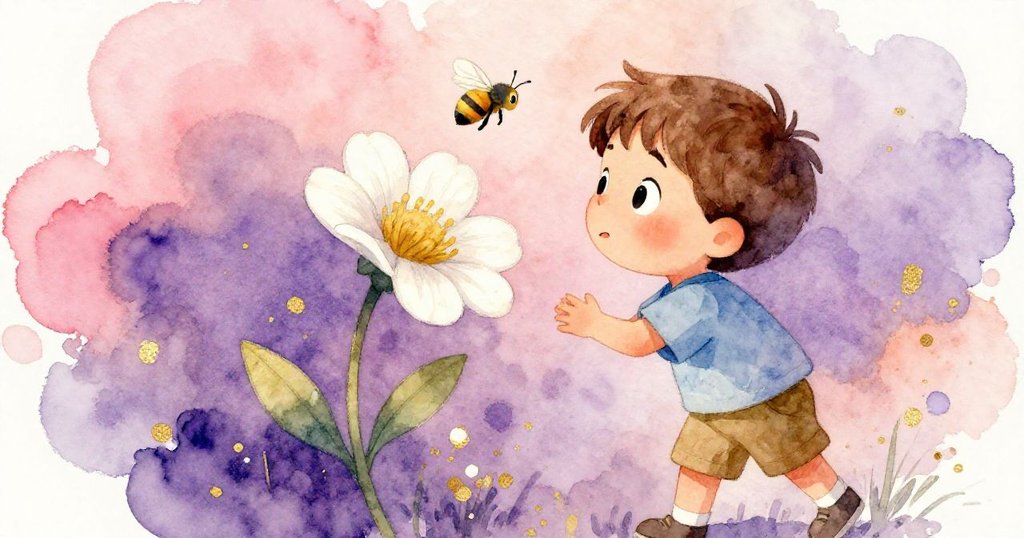 米洛好奇地靠近一朵純白小花，斜角視角呈現蜜蜂飛舞，陽光在花瓣和翅膀上閃耀。