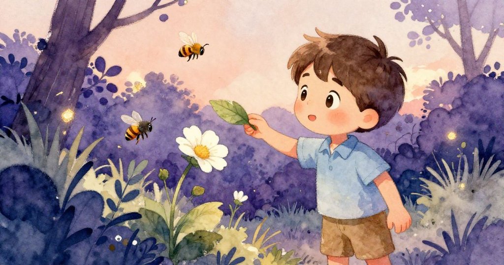 隨著時間流逝，花園光線變柔和，米洛小心舉起莓葉，吸引蜜蜂在白花上品嚐花蜜，充滿溫柔情感。